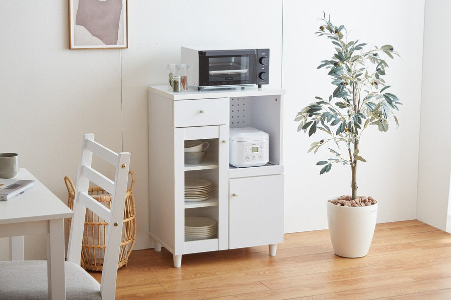 Simple and modern wooden slim range stand with glass door and sliding tray