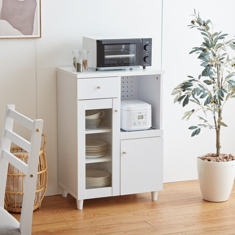 Simple and modern wooden slim range stand with glass door and sliding tray