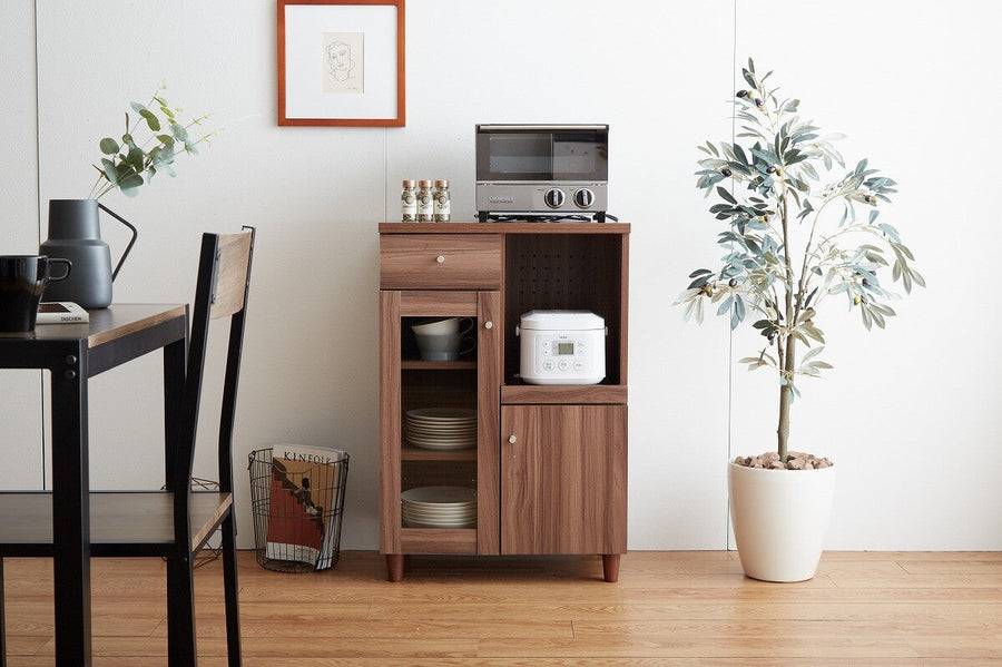 Simple and modern wooden slim range stand with glass door and sliding tray