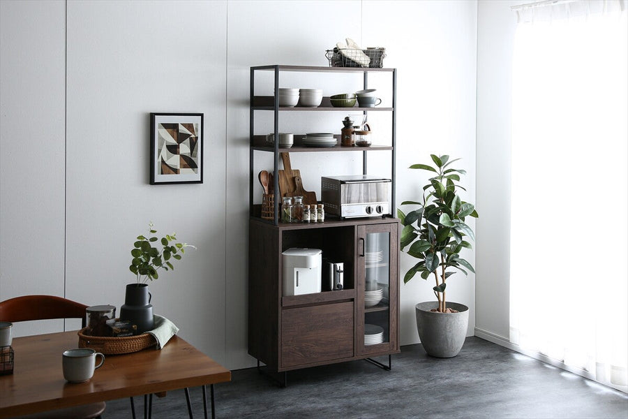 Modern wooden steel leg open shelf kitchen storage