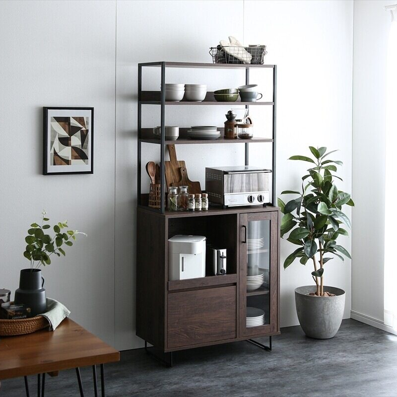 Modern wooden steel leg open shelf kitchen storage