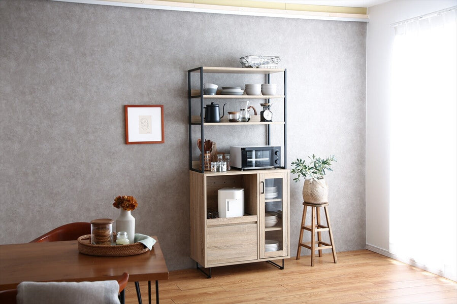 Modern wooden steel leg open shelf kitchen storage