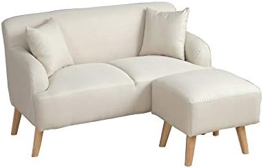 Nordic natural wood legs 2-seater fabric sofa with ottoman