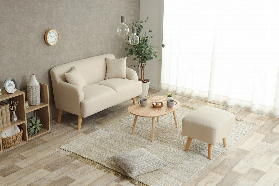 Nordic natural wood legs 2-seater fabric sofa with ottoman