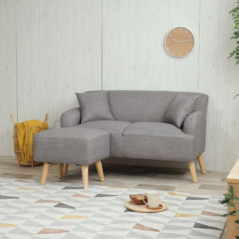 Nordic natural wood legs 2-seater fabric sofa with ottoman