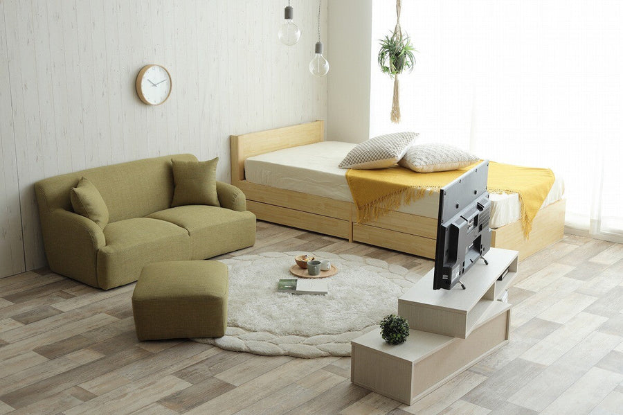 Nordic natural wood legs 2-seater fabric sofa with ottoman