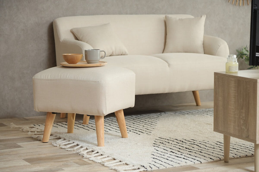 Nordic natural wood legs 2-seater fabric sofa with ottoman