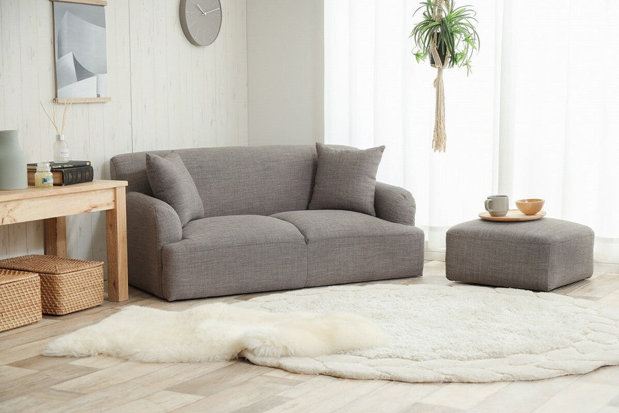 Nordic natural wood legs 2-seater fabric sofa with ottoman