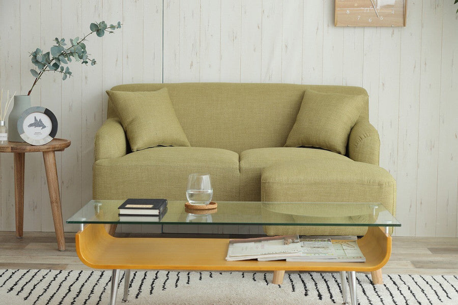 Nordic natural wood legs 2-seater fabric sofa with ottoman