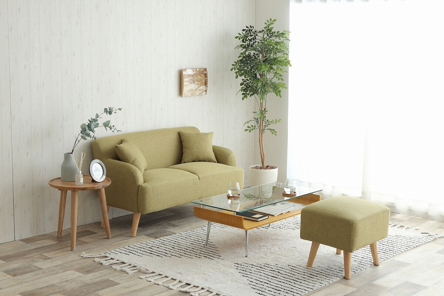Nordic natural wood legs 2-seater fabric sofa with ottoman