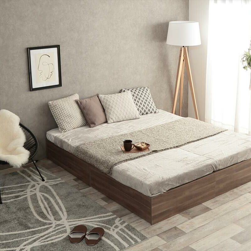 Natural modern wooden headless semi-single bed with storage