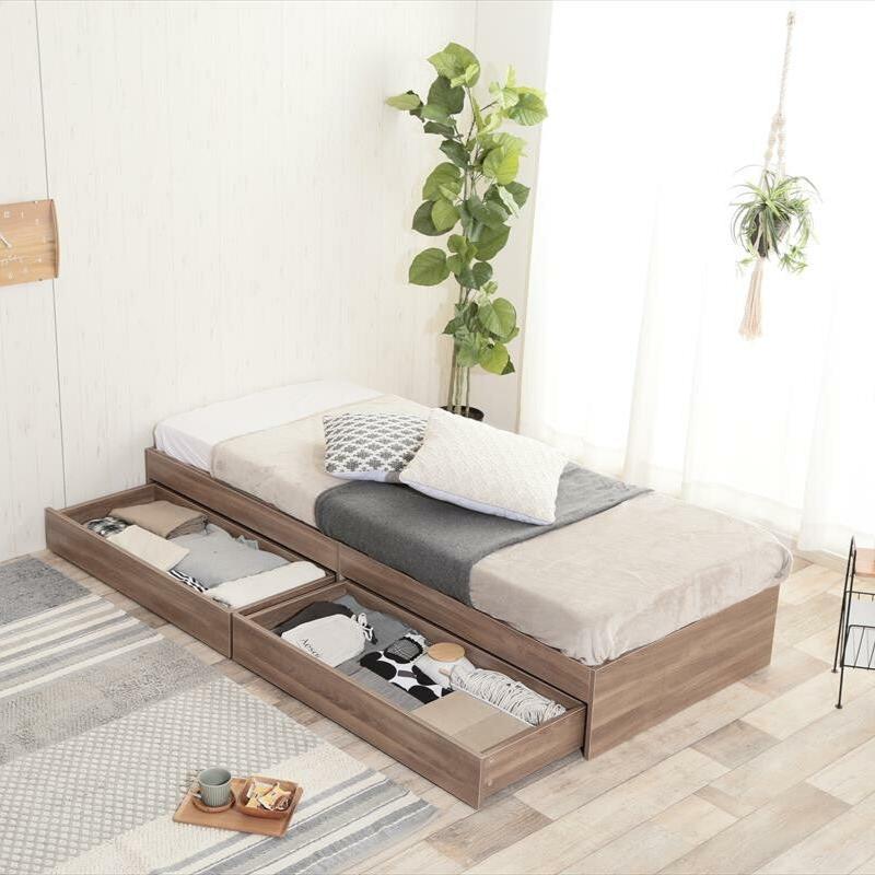 Natural modern wooden headless semi-single bed with storage