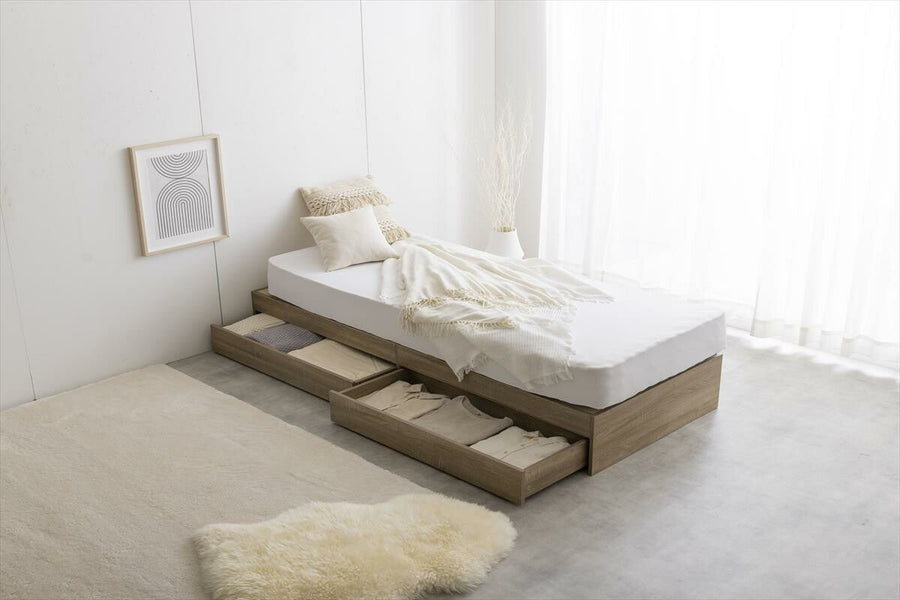 Natural modern wooden headless semi-single bed with storage