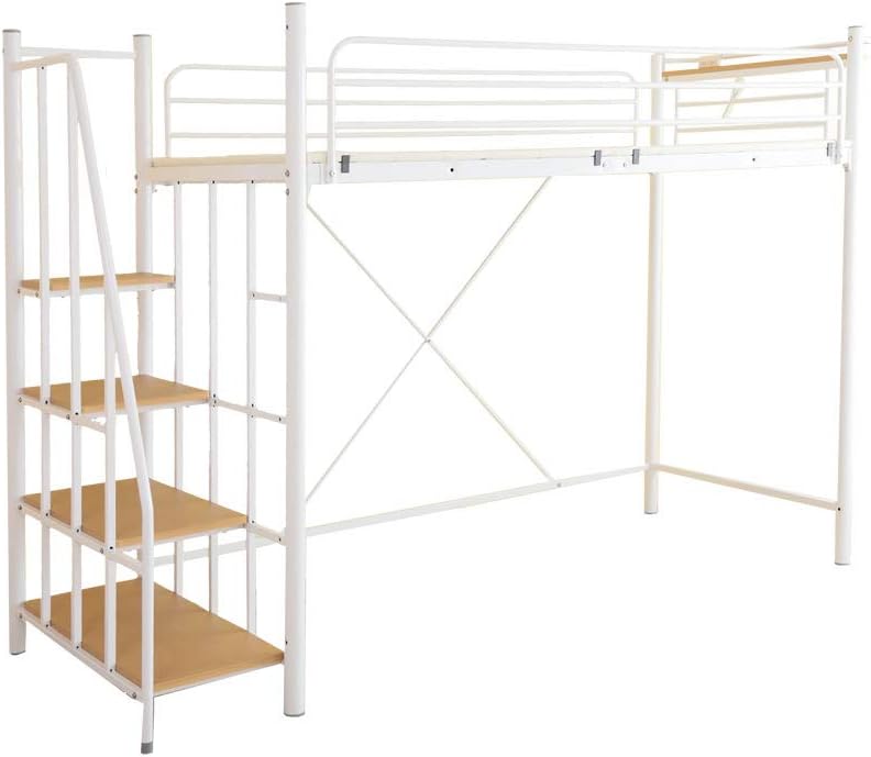 Modern steel frame loft single bed with shelf, two outlets and stairs