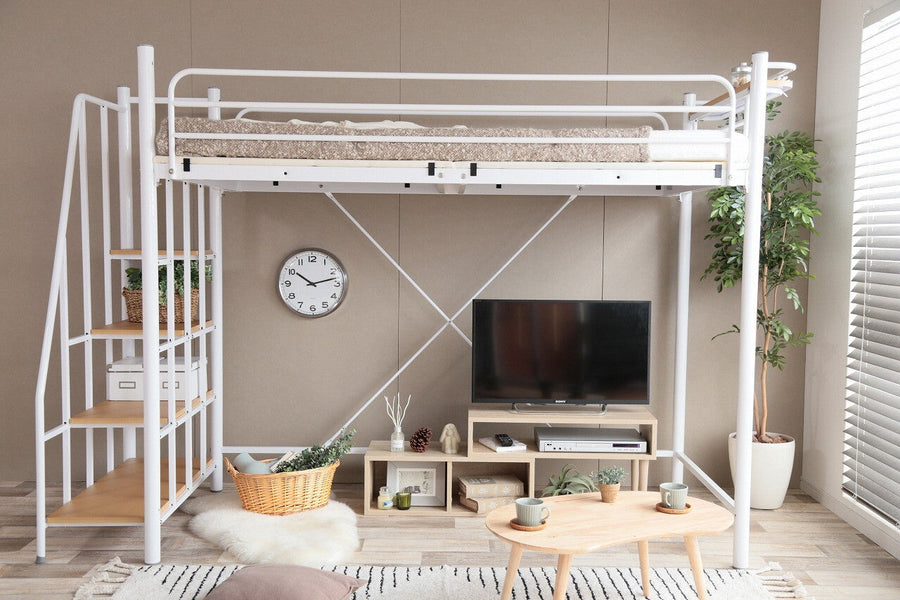 Modern steel frame loft single bed with shelf, two outlets and stairs