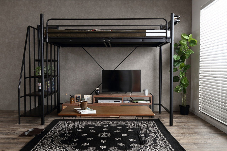 Modern steel frame loft single bed with shelf, two outlets and stairs