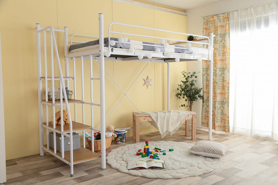 Modern steel frame loft single bed with shelf, two outlets and stairs