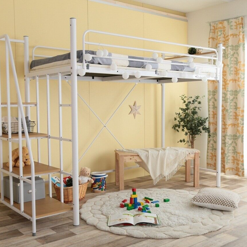 Modern steel frame loft single bed with shelf, two outlets and stairs