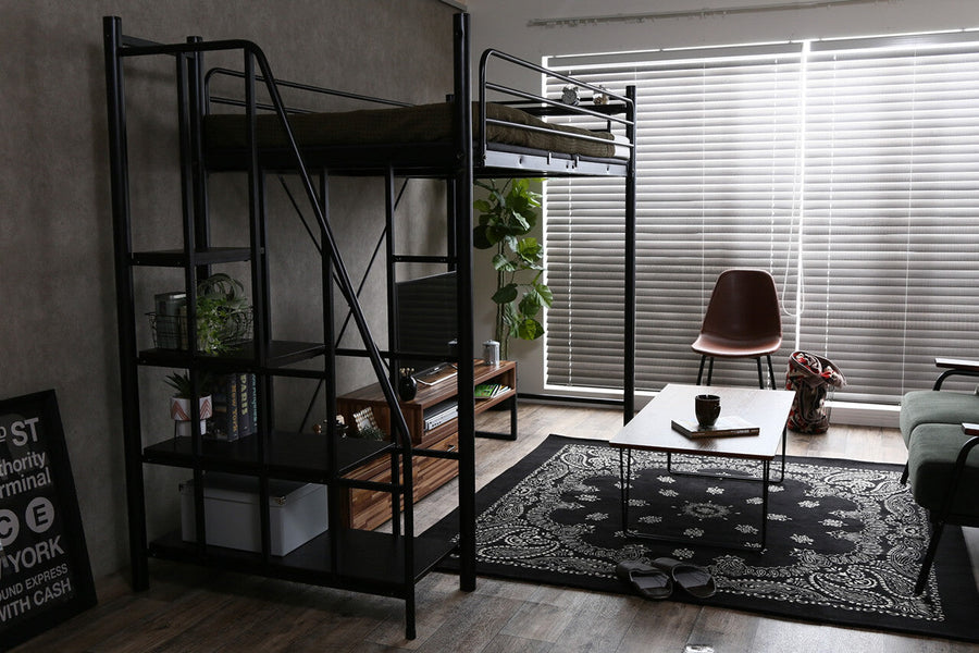 Modern steel frame loft single bed with shelf, two outlets and stairs