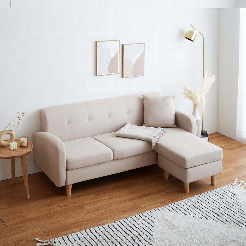 Nordic modern natural wood legs 3-seater fabric couch sofa