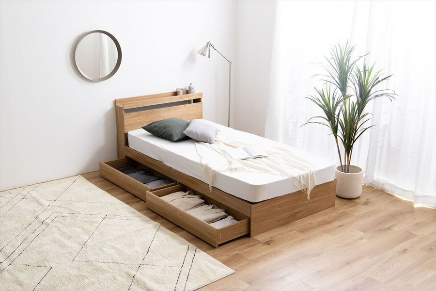 Modern single bed with wooden bonnell mattress, headboard and storage