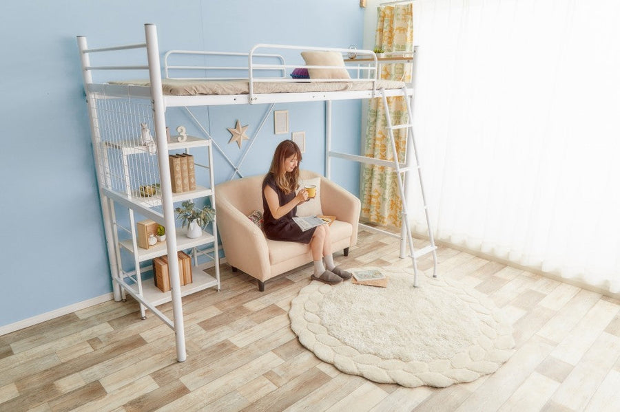 Modern steel frame loft pipe single bed with shelf and two outlets