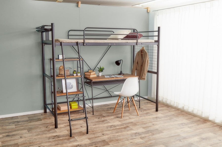 Modern steel frame loft pipe single bed with shelf and two outlets