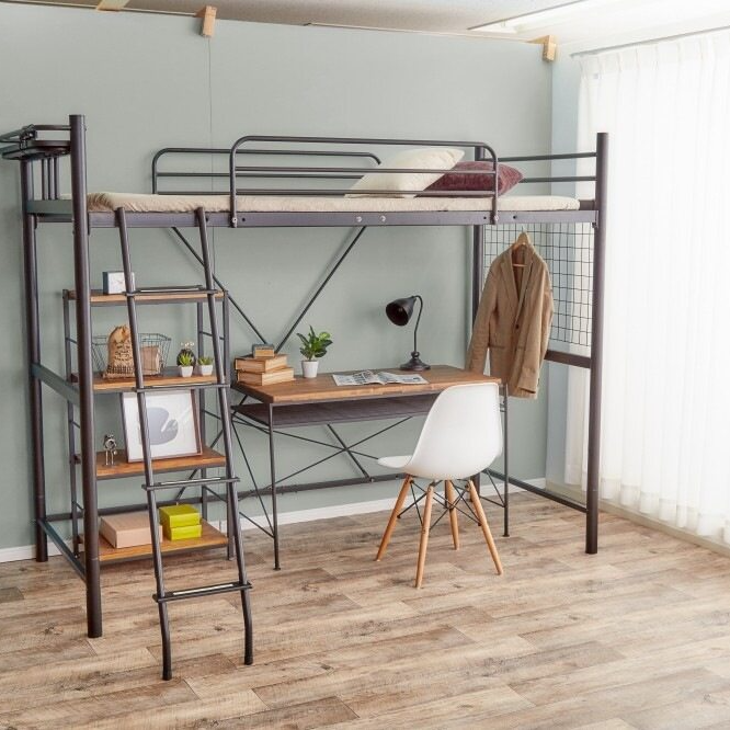 Modern steel frame loft pipe single bed with shelf and two outlets