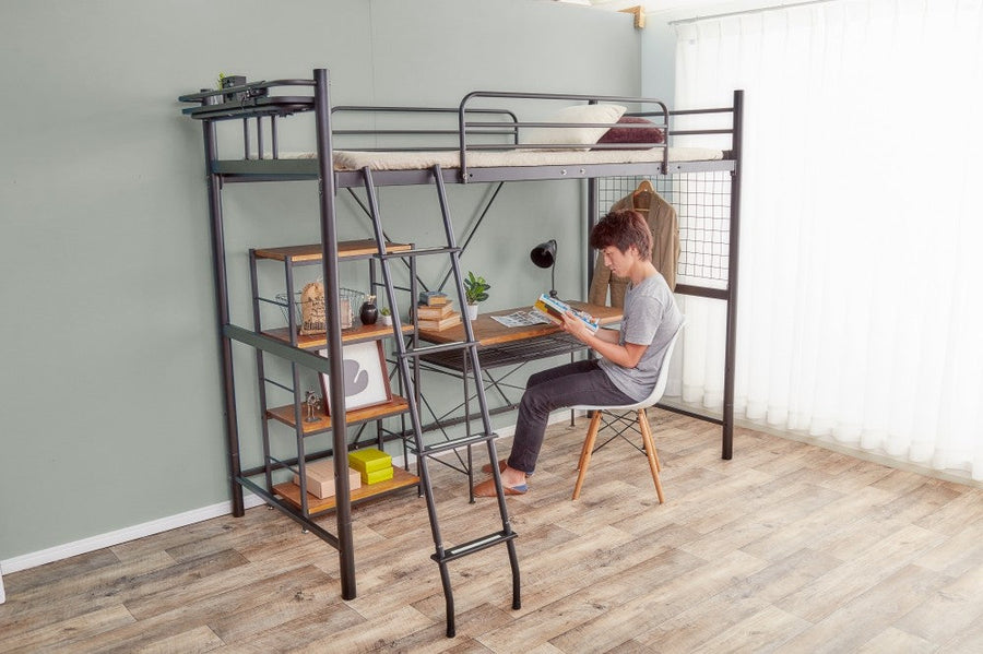 Modern steel frame loft pipe single bed with shelf and two outlets