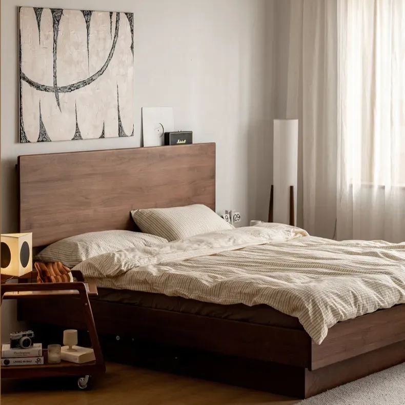 Walnut wood box bed with large storage capacity