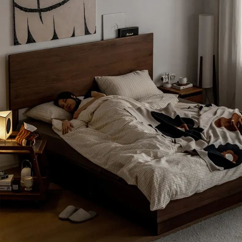 Walnut wood box bed with large storage capacity