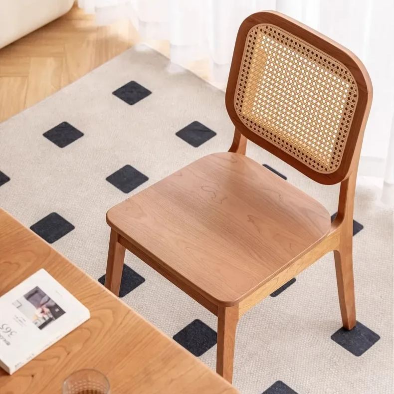 Cherry wood, rattan woven natural wood dining chair