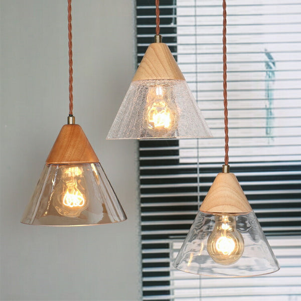 Pendant light, hanging light, natural wood, glass shade, E26