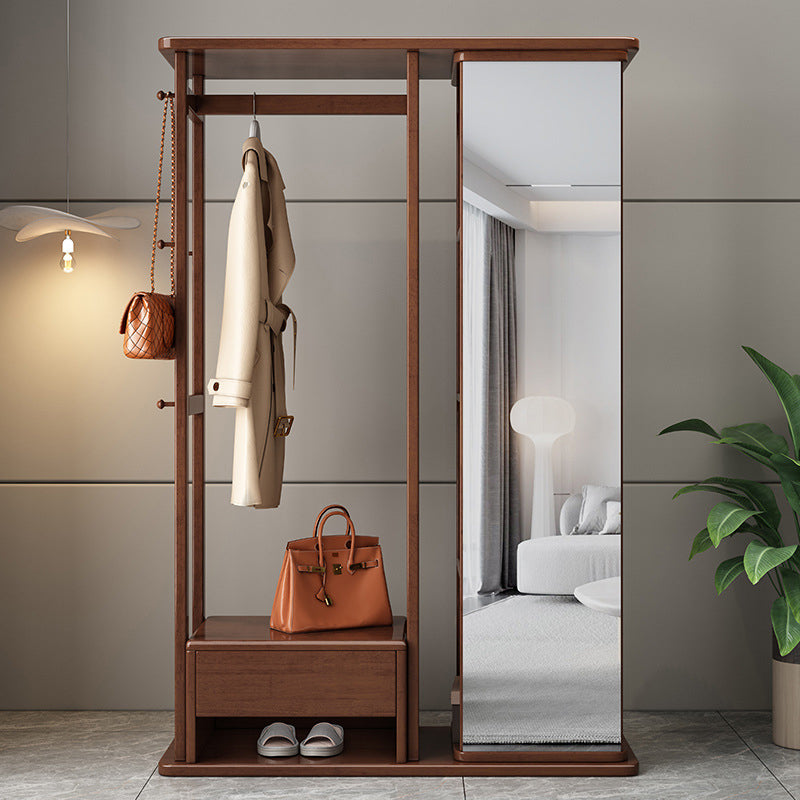 Wooden coat rack with full-length mirror
