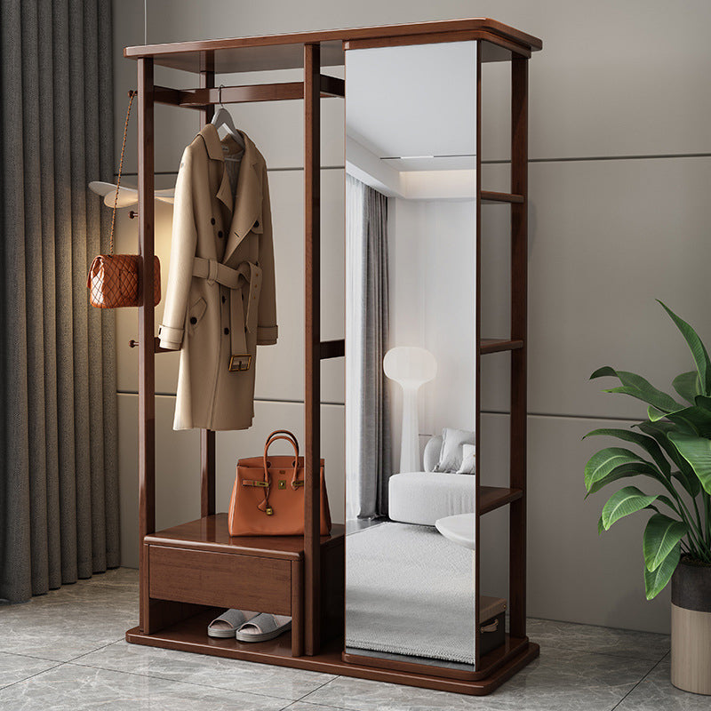 Wooden coat rack with full-length mirror