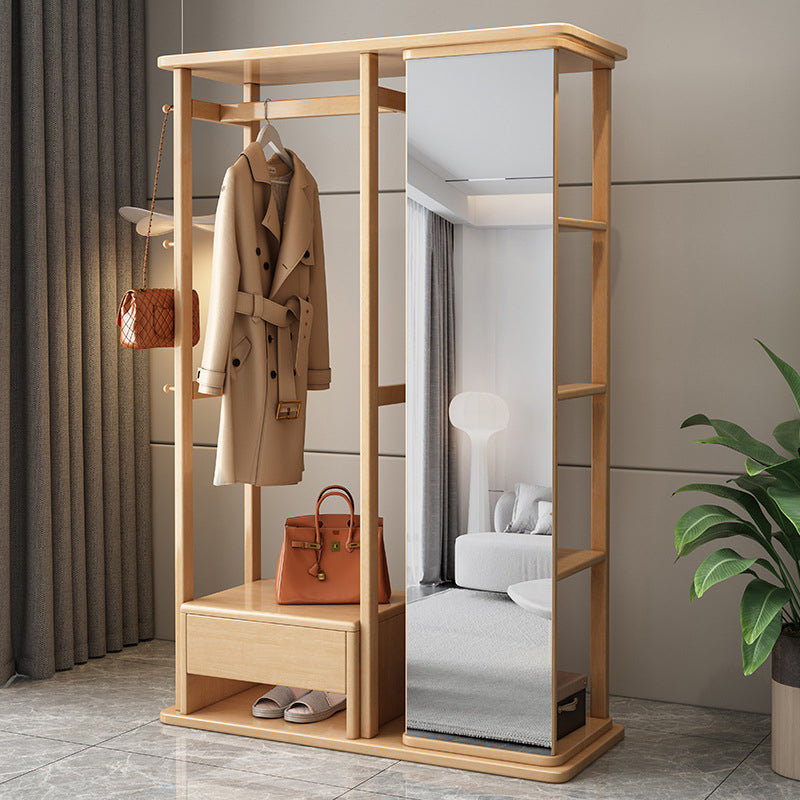 Wooden coat rack with full-length mirror