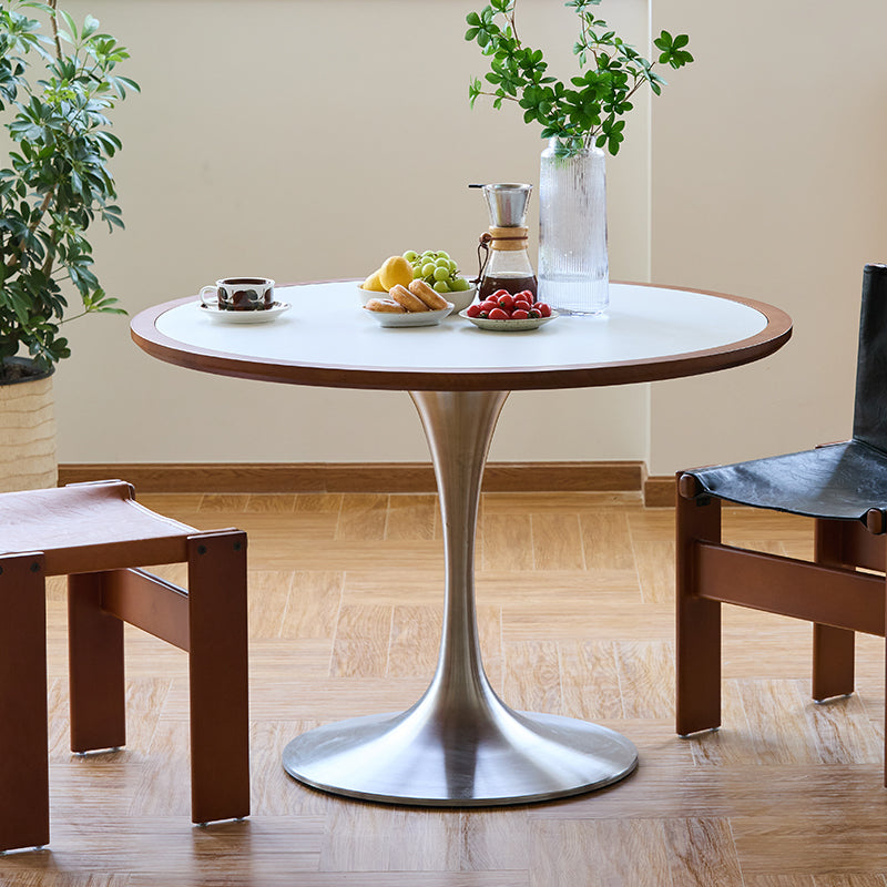 Boxwood, natural wood, stainless steel legs, round table