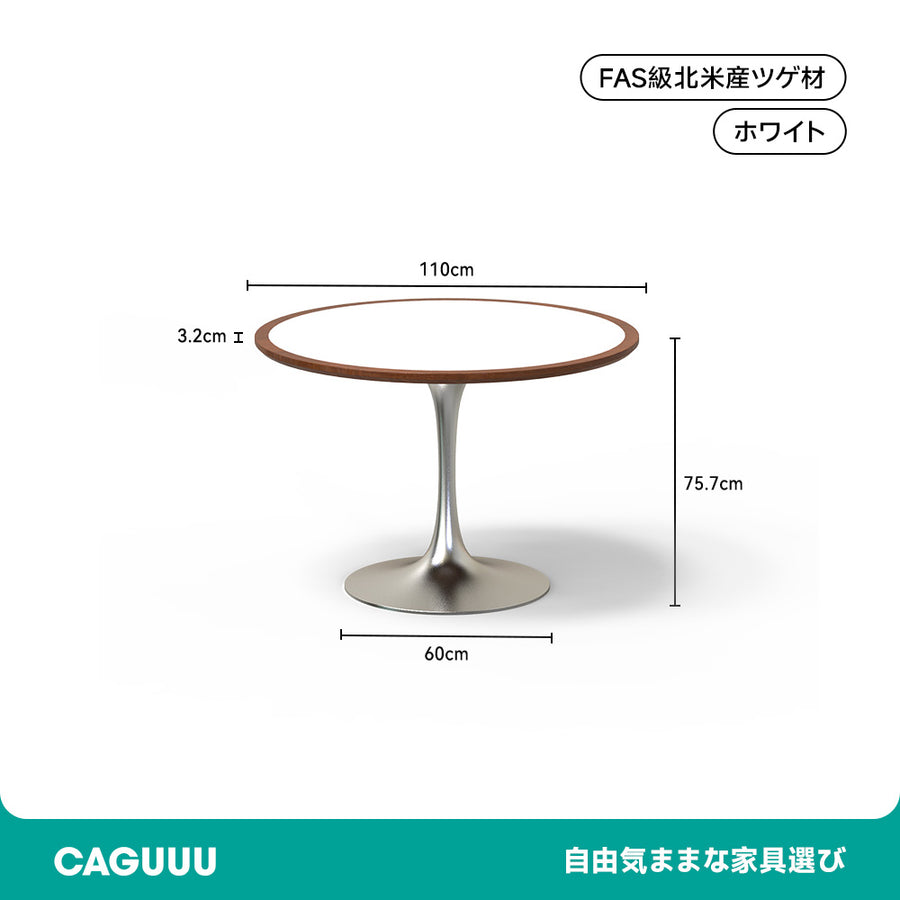 Boxwood, natural wood, stainless steel legs, round table