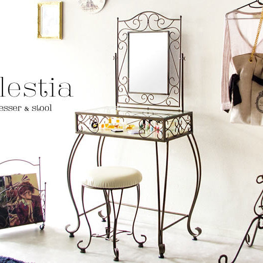 Wrought iron design dresser with stool