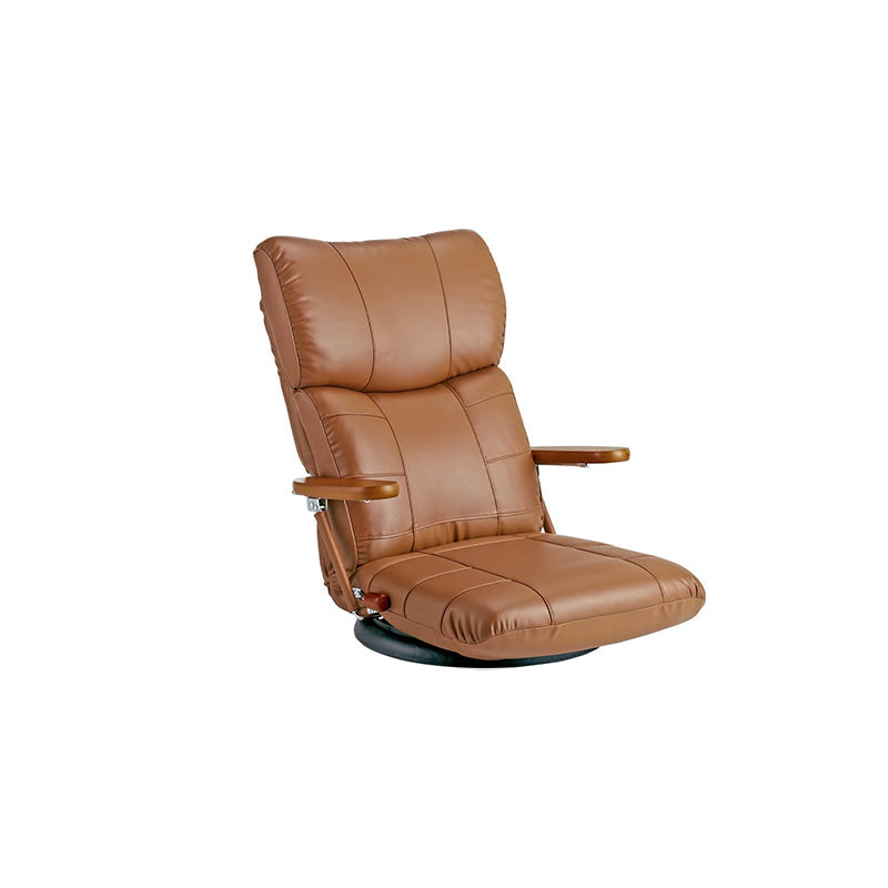 Soft leather chair with wooden armrests and 360 degree swivel