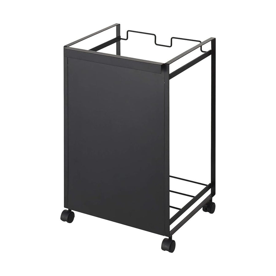 Tower, a hidden trash cart with two compartments, black, with handle and casters, easy access, no-lid trash can