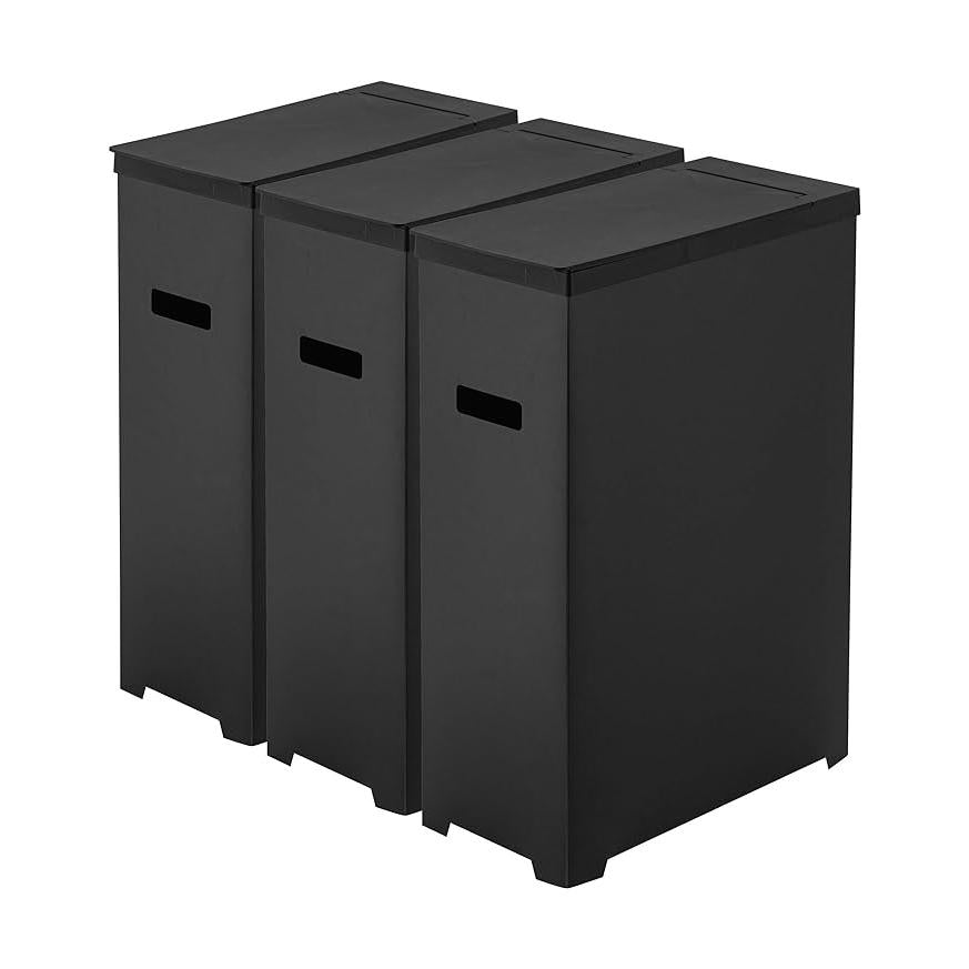 Tower Slim Trash Can with Lid, Set of 3, Black, Foldable and Portable