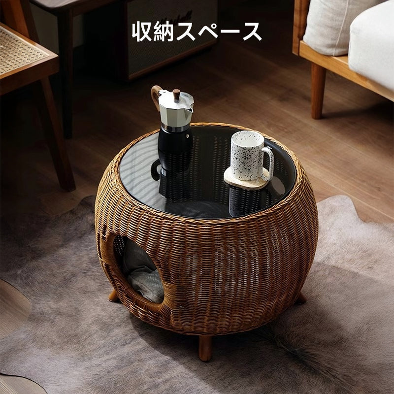 Rattan cat house side table