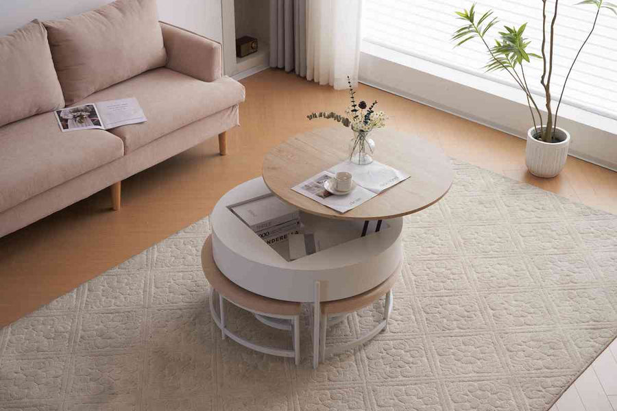 Lift-up round table and bench set of 4