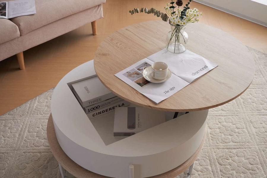 Lift-up round table and bench set of 4
