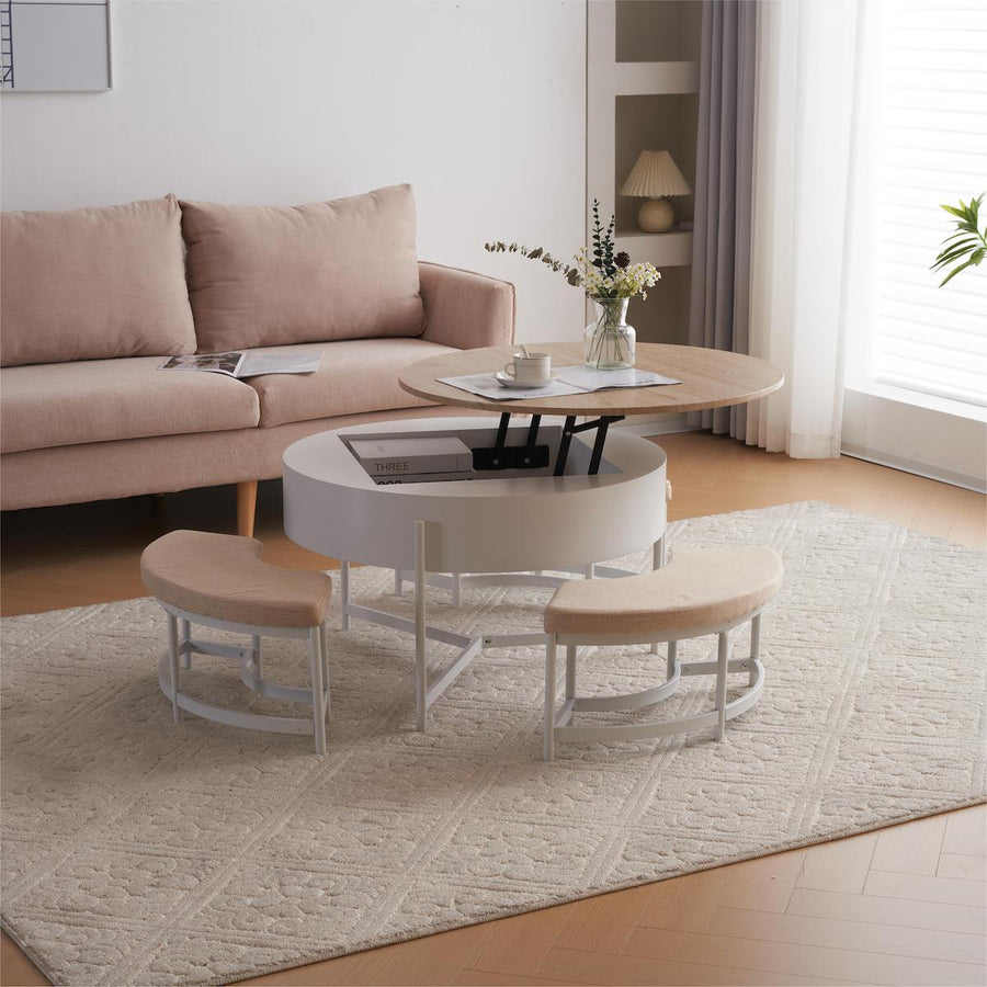 Lift-up round table and bench set of 4