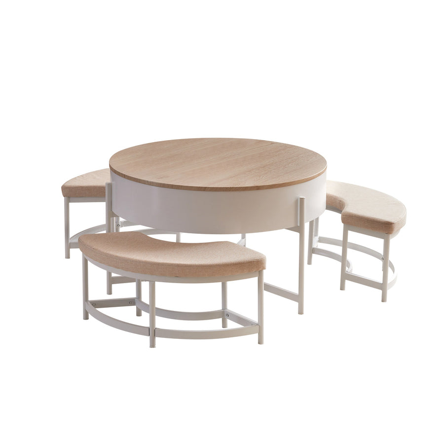 Lift-up round table and bench set of 4