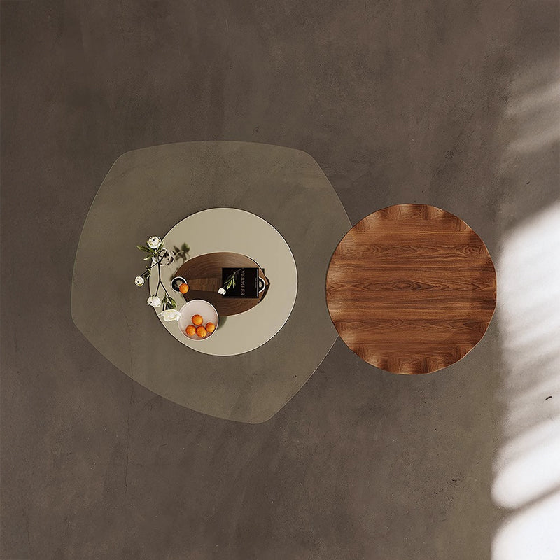 Woodgrain glass center table set