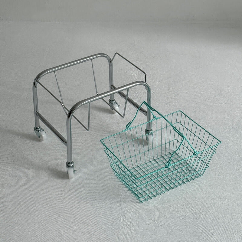 シルバー キャスターワゴン ハンドル付きカラーバスケット