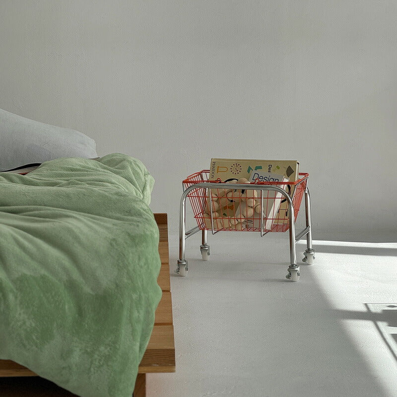 シルバー キャスターワゴン ハンドル付きカラーバスケット